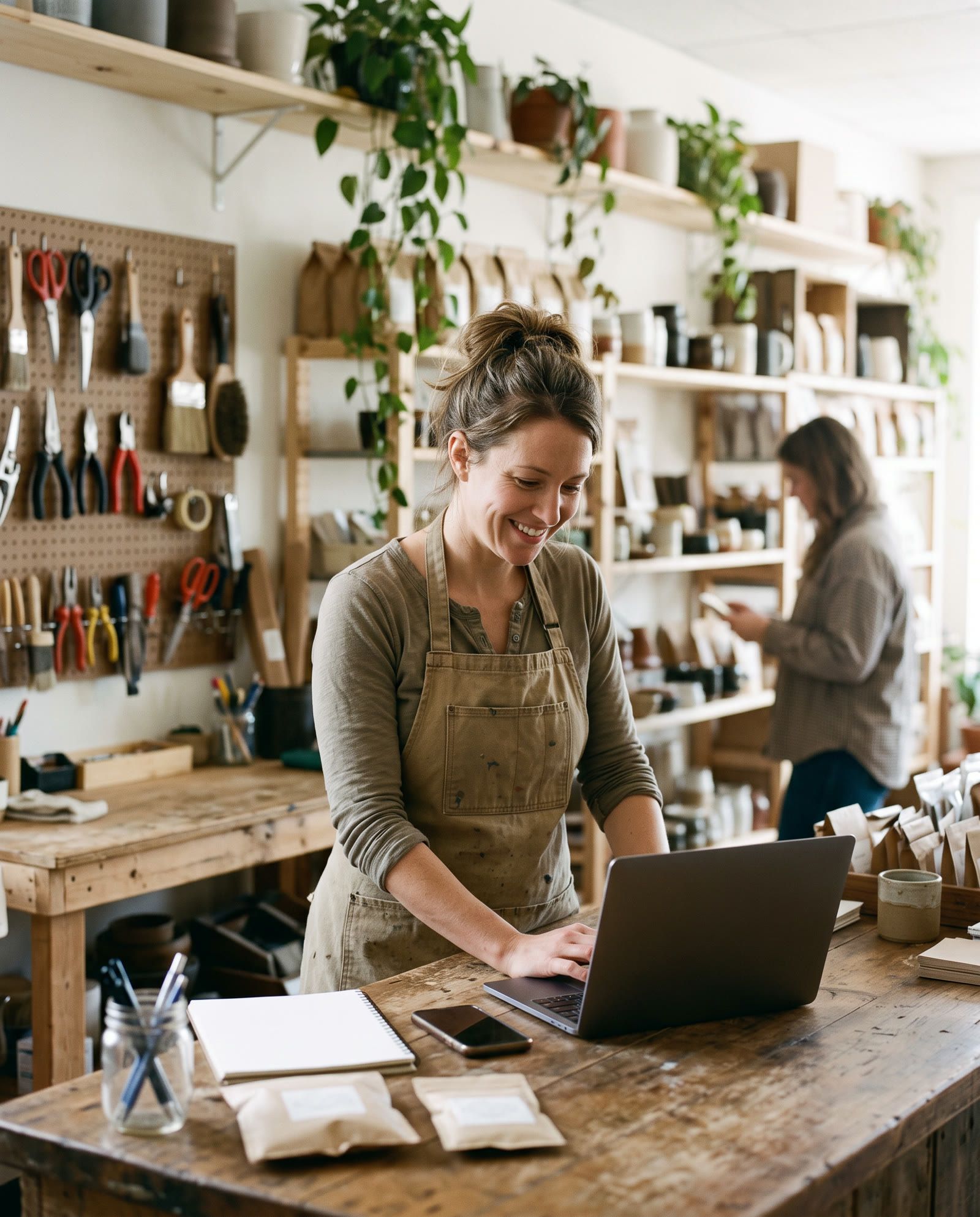 A shop owner in a work apron smiling at her laptop behind a wooden counter stacked with orders.